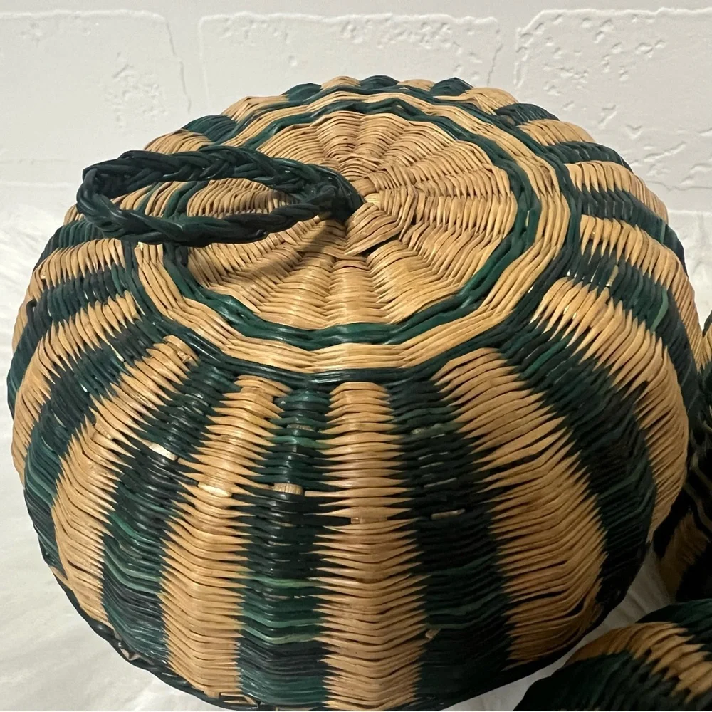 Vintage Bohemian Retro Cottagecore Rustic Striped Woven 3 Nesting Baskets